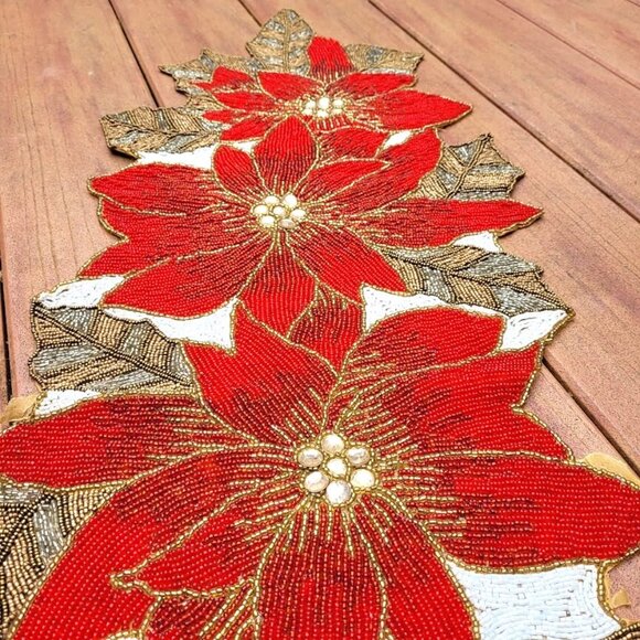 VTG Christmas Poinsettia Table Runner Beaded Floral Holiday Decor Party Display - Picture 3 of 8